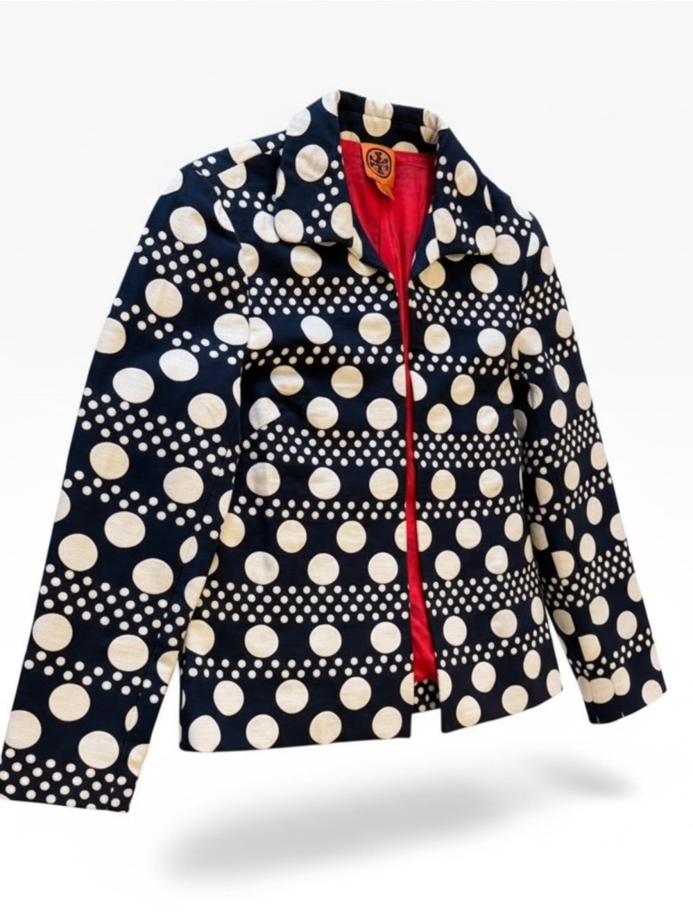 Tory Burch Elijah Polka Dot Knit Jacket Navy Blue Cream Size 6